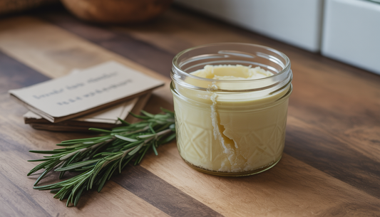 A jar of solidified homemade beef tallow on a wooden countertop, with rosemary and recipe cards nearby.
