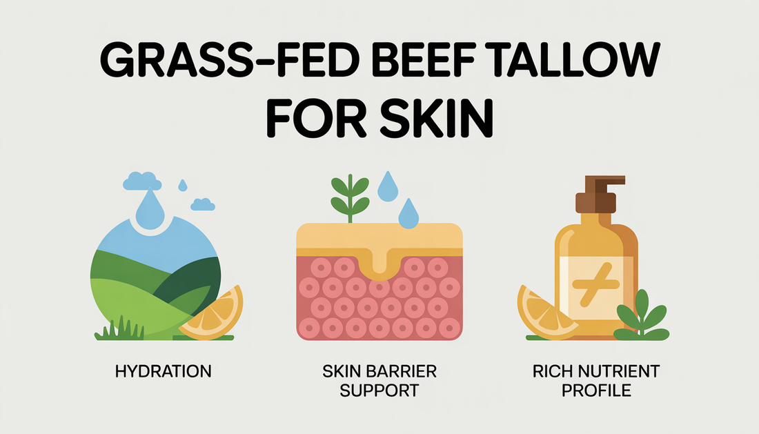 Infographic showing benefits of grass-fed beef tallow for skin, including hydration and nutrient richness.