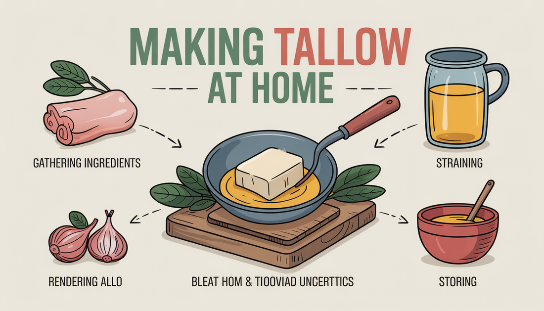 An infographic showing the step-by-step process of making tallow, with clean and functional design elements.