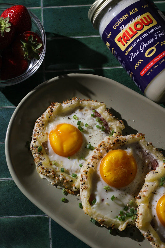 Close-up of flaky puff pastry brushed with melted beef tallow and topped with everything bagel seasoning