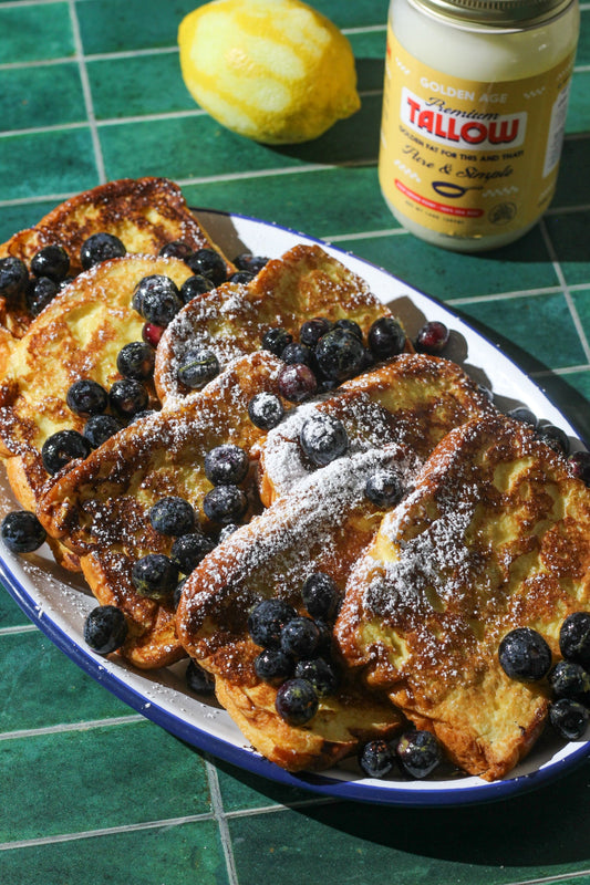 Lemon Blueberry Ricotta French Toast brushed with Beef Tallow for a golden crust and topped with zesty blueberries