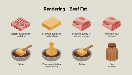 An infographic detailing the steps of rendering beef fat into tallow, from fat selection to storage.