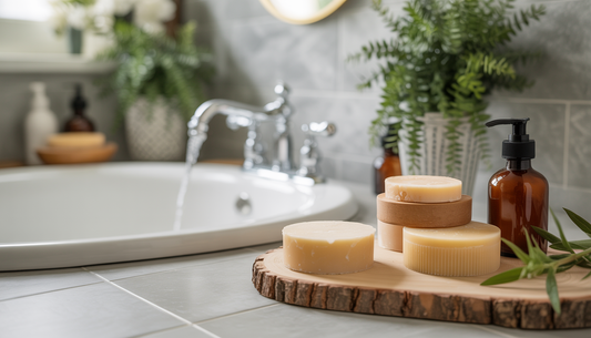 Homemade skincare products in a bathroom, highlighting beef tallow as an ingredient.
