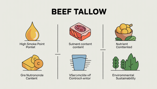 Diagram showing benefits of beef tallow with icons for high smoke point, nutrients, and sustainability.
