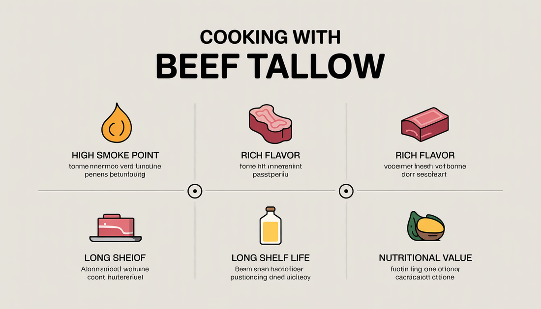 An infographic showing benefits of beef tallow with icons for smoke point, flavor, shelf life, and nutrition, in a clean design.