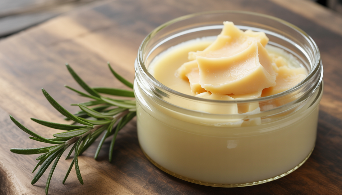 Rendered beef tallow in a glass jar on a wooden countertop, accompanied by a sprig of rosemary, highlighting its smooth texture and purity.