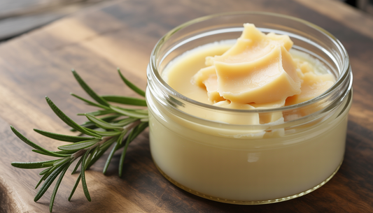 Rendered beef tallow in a glass jar on a wooden countertop, accompanied by a sprig of rosemary, highlighting its smooth texture and purity.