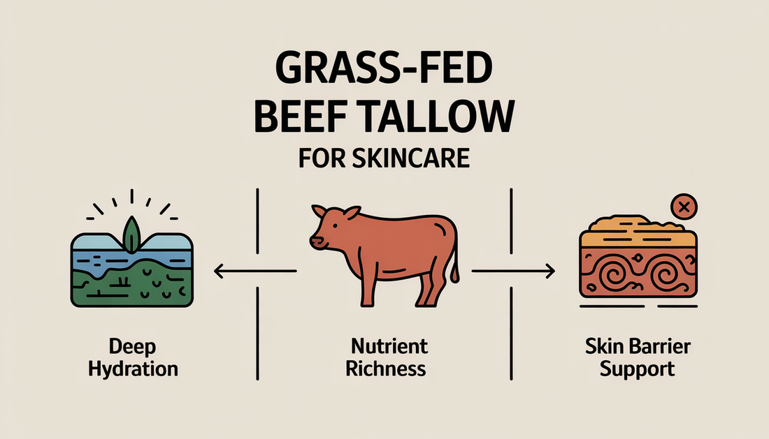 Infographic showing benefits of grass-fed beef tallow with icons for hydration, nutrients, and skin support in a vintage style.