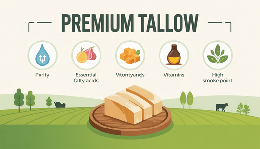 Infographic showing the nutritional benefits of premium tallow for keto, with icons for purity, fatty acids, vitamins, and high smoke point over a farm landscape.