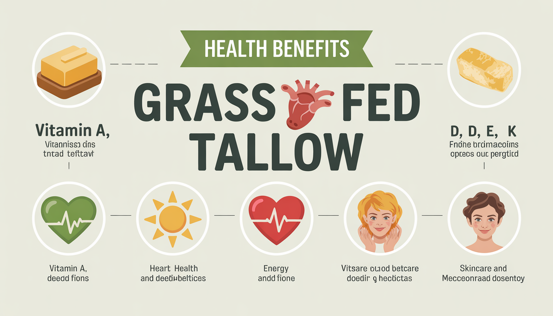 Infographic showing health benefits of grass fed tallow with vitamin icons and symbols for heart health, energy, and skincare.