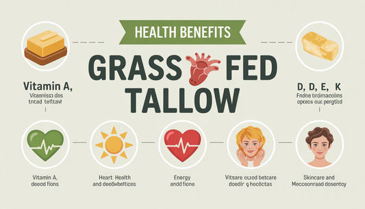 Infographic showing health benefits of grass fed tallow with vitamin icons and symbols for heart health, energy, and skincare.
