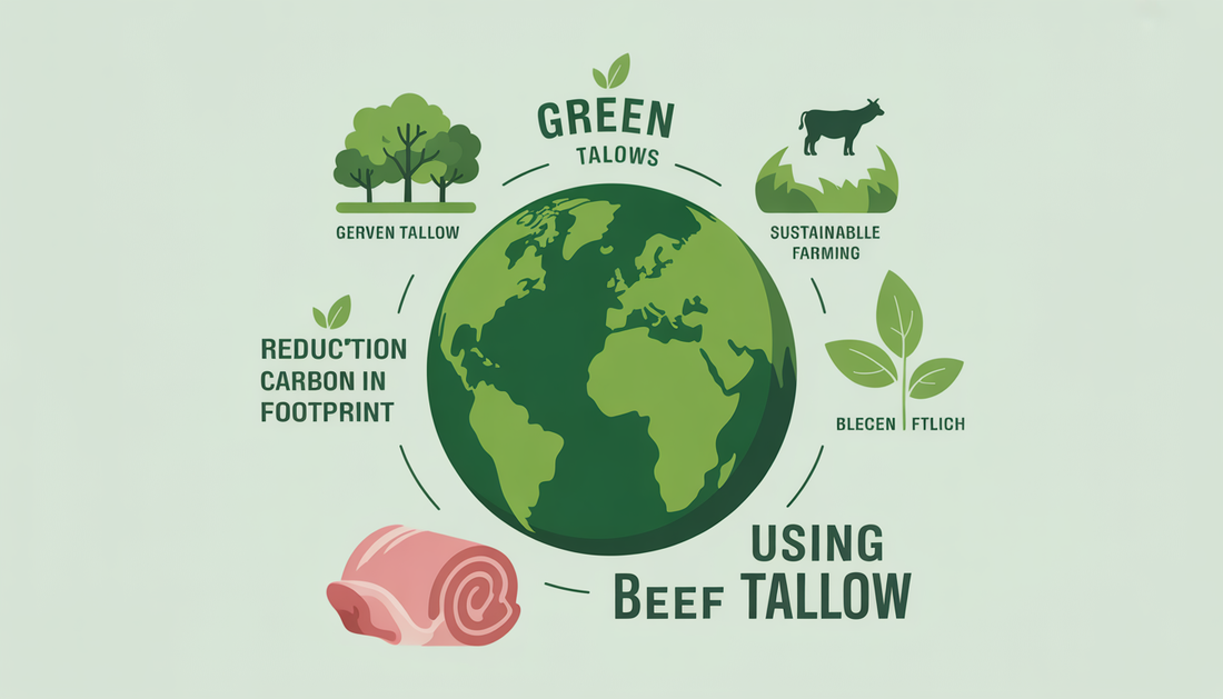 Illustration of environmental benefits of beef tallow with symbols of sustainability and green earth.