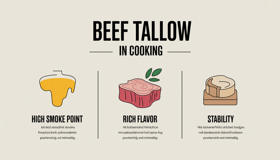 Infographic showing the benefits of beef tallow, including high smoke point, rich flavor, and stability, in a clean and minimalist design.