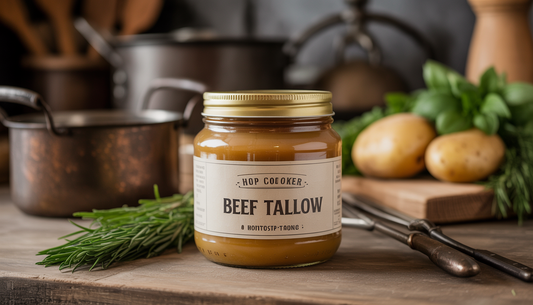 A jar of beef tallow on a wooden countertop with vintage cooking utensils and fresh ingredients in a rustic kitchen setting.